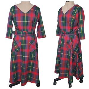 Collectif Women’s Pin-Up Dress Size 8 Plaid Red Green A-line Pockets Belt
